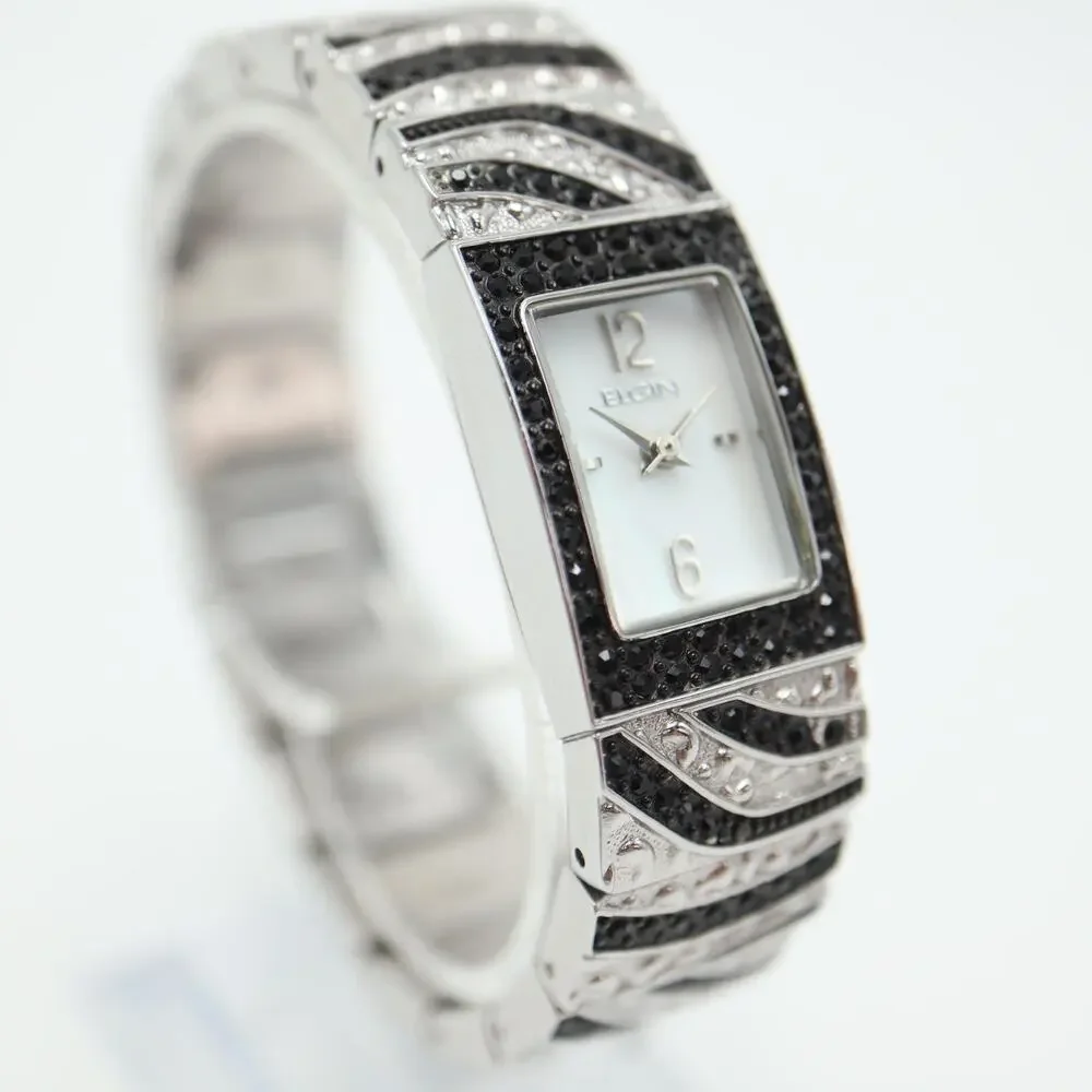 Elgin Womens Silver Tone Black Crystal Zebra Strip MOP Watch 17mm w New Battery